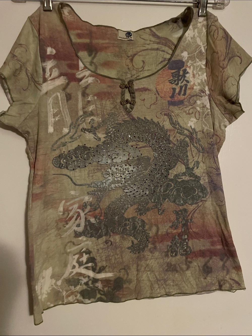 ONE WORLD Olive Multi Metallic Dragon Short Sleeve Tee